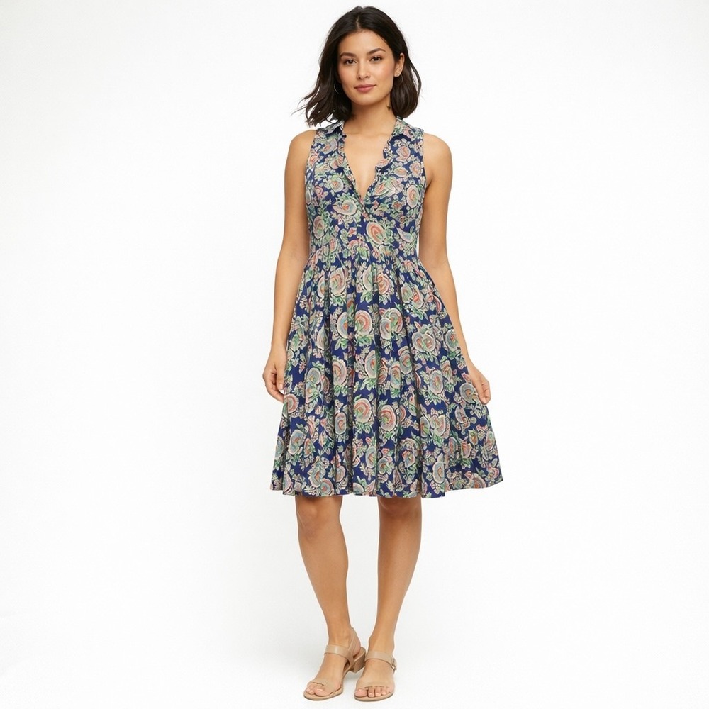 Banjaran Silk Floral Dress Womens XS Blue Pleated Tie Back V Neck Full Skirt